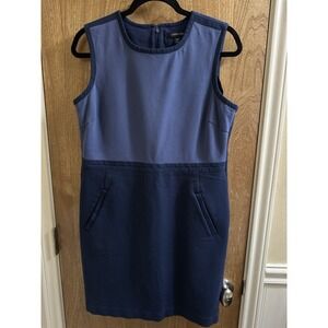 Lands' End Navy Blue Fitted Pencil Dress Pockets Women's Size 14P Zip Stretch